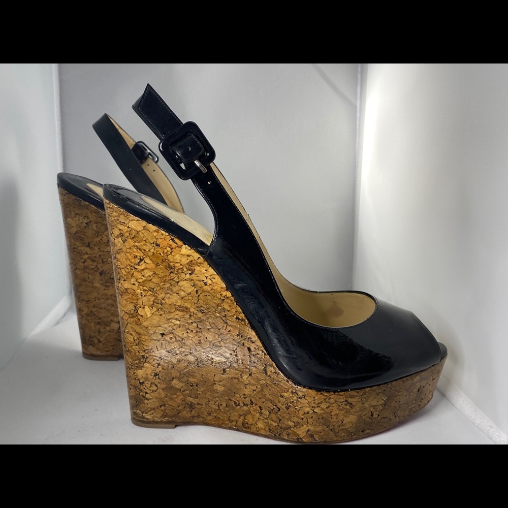 Louboutin Wedges Black Patent and Laquered Cork